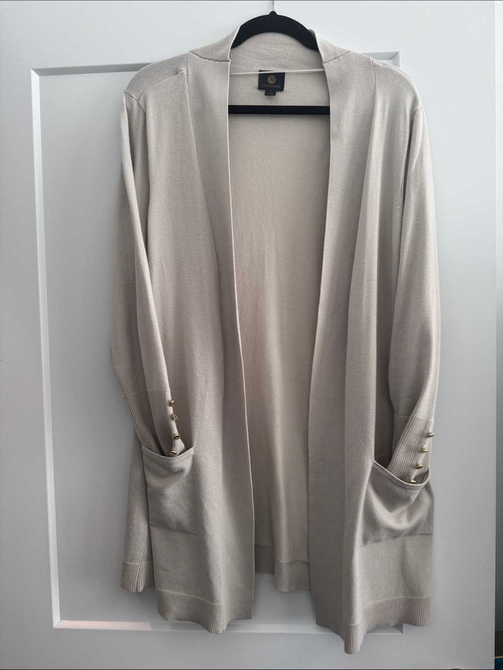 JM Collection Light Beige Open-Front Cardigan with Gold Button Cuffs